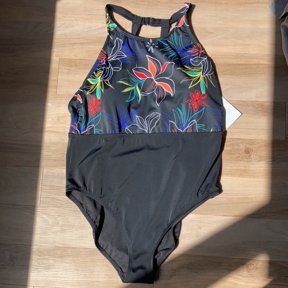 Ecobeach swimsuit one piece high neck black w floral printed vacation beach XL - Picture 11 of 15